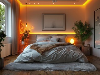 Modern Minimalist Bedroom with Accent Lighting and Neutral Tones
