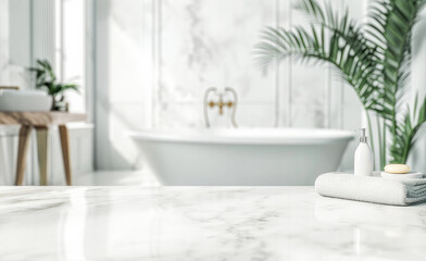 Empty marble table with blurred bathroom interior background. Table top product display showcase stage. Image ready for montage your text or product. 