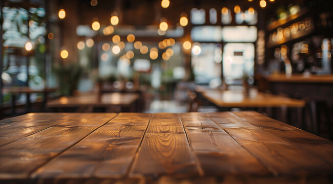 wooden table top with blurred background for product display, bokeh light and abstract blur of coffee shop interior background