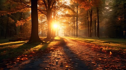 autumn in the forest. sun rays passing thorough forest. 