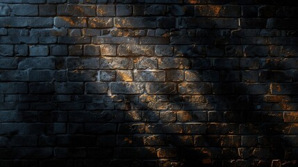 Textured black brick wall with golden highlights, Concept of rugged elegance and contemporary urban design
