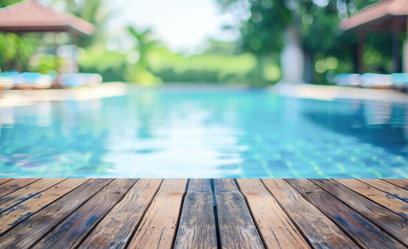 Empty wooden table with blurred swimming pool background. Table top product display showcase stage. Image ready for montage your text or product. 