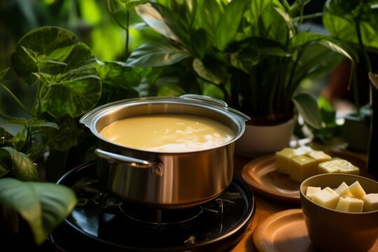 Hearty fondue on a metal tray against a green plant leaves background