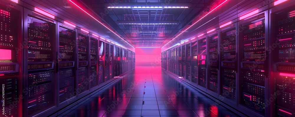 Poster illuminated data center with blinking servers in a futuristic digital landscape for cloud computing 