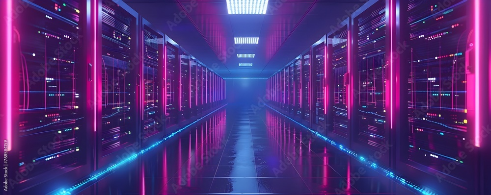 Poster rows of servers and blinking lights in a futuristic data center powering cloud computing and digital