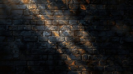 Textured black brick wall with golden highlights, Concept of rugged elegance and contemporary urban design
