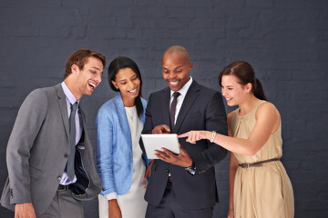 Business people, group and teamwork with tablet, economy or conversation with investment or...