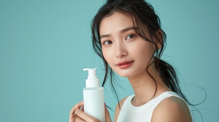 Chinese femal model,simple style,beautiful women,vary subtle,holding white foam bottle,copy space