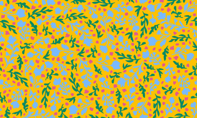 Fototapeta premium Colorful, hand drawn flowers, herbs and leaves seamless repeat pattern. Random placed, vector botany aop, all over surface print on yellow background.