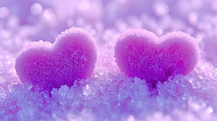 Fototapeta premium Two pink heart-shaped sponges on a glittery purple background, conveying love or Valentine's Day concept.