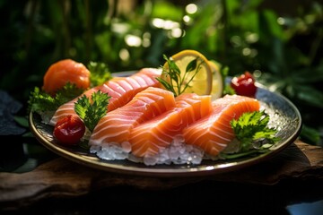 Tasty sashimi on a porcelain platter against a green plant leaves background