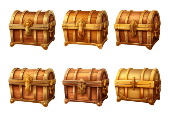 Mystical Quartet: Wooden Chests Whispering Secrets. On a White or Clear Surface PNG Transparent Background.