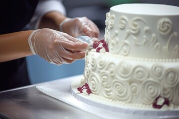 Obraz na płótnie Canvas Close-up of a pastry chef's fingers adding finishing touches to a wedding cake.
