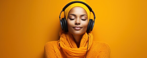 Beautiful woman in white headphones listens to music, Smiling american woman closed eyes listening music, Young woman with headphones