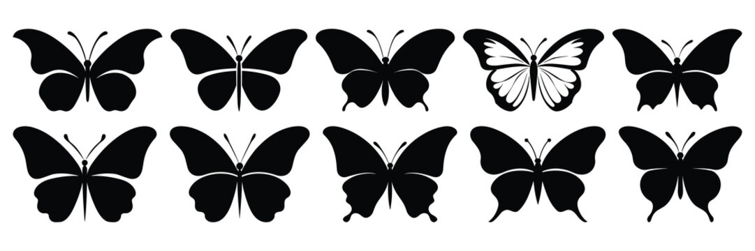 Butterfly silhouettes set, large pack of vector silhouette design, isolated white background