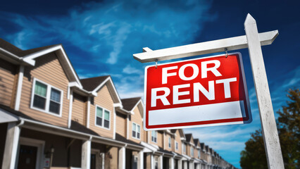 For Rent Sign in Front of Residential Townhouses, with Copy Space