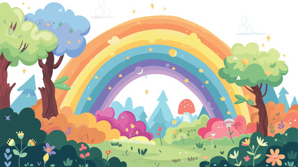 Colorful rnbow in magical fantasy fry tale forest flat