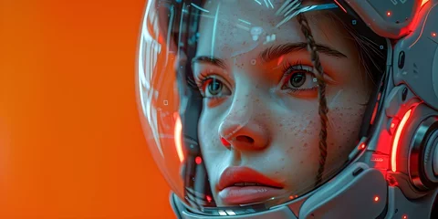 Fototapeten Closeup of a female humanoid android with advanced AI capabilities showcasing the future of robotics in orange and blue tones. Concept Future of Robotics, Advanced AI, Female Android © Ян Заболотний