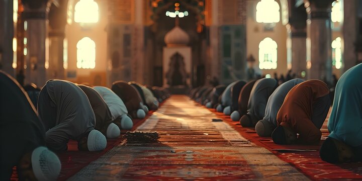 Muslims praying in a mosque during a religious celebration showing devotion and gratitude. Concept Religious Celebration, Muslims Praying, Devotion, Gratitude, Mosque