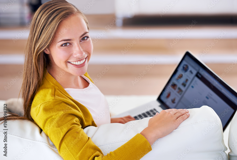 Poster Portrait, happy and woman with laptop in living room for relax, social media or communication in apartment. Smile, face and female person for internet search, networking or typing on computer.