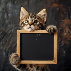 Tabby kitten holding a blank chalkboard, suitable for text, against a dark background.