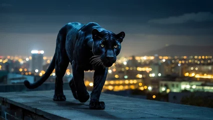 Foto auf Alu-Dibond Black panther in the city at night with a view of the city © ASGraphics
