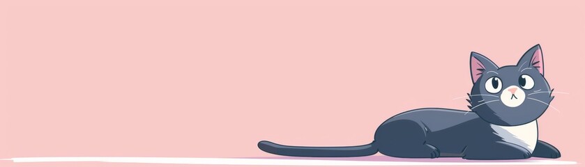 Obraz premium Animated Grey and Black Cat Sitting and Looking Curious on Pink Background