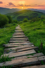 Fototapeta premium A wooden path through beautiful green hills during sunset
