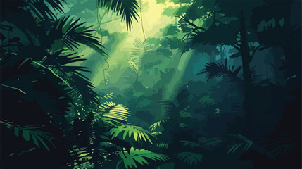 Dark rainforest sun rays through the trees rich jungl