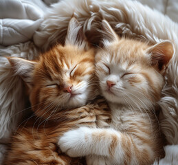 Lovely fluffy cat couple sleep together hug on white fluffy bed. Valentine's Day celebration concept