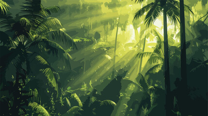 Dark rainforest sun rays through the trees rich jungle 