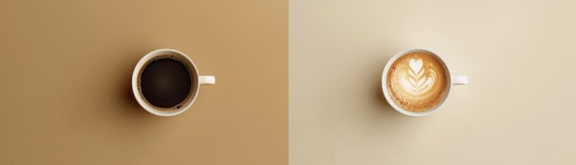 Black Coffee and Cappuccino Side by Side on a Beige Background - obrazy, fototapety, plakaty