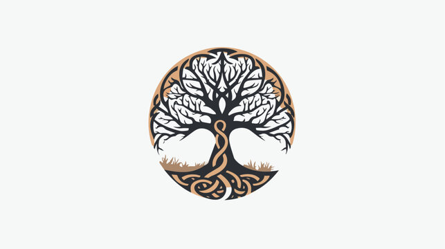 Druidic Yggdrasil tree round dark gothic logo. 