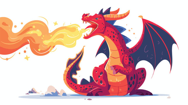 Dragon breathing fire flat vector isolated on white background