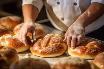 Obraz na płótnie Canvas Selective focus on a baker's hands shaping pretzel buns.