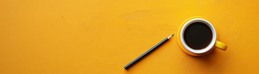 Coffee Cup with Pencil on Yellow Background - obrazy, fototapety, plakaty