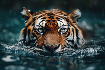 Fototapeta na wymiar A tiger floating in the water was ready to attack.