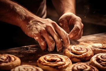 Zoomed-in shot of a baker's hands sprinkling cinnamon on a roll.