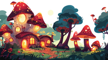 Obraz na płótnie Canvas Fry houses in fantasy forest with glowing mushrooms.
