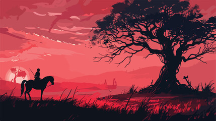 Horseman and scary tree in the mysterious landscape d