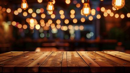 Image of wooden table in front of abstract blurred restaurant lights background. - Powered by Adobe