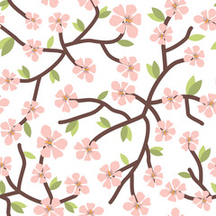cute hand drawn branches with pink cherry flowers seamless vector pattern background illustration