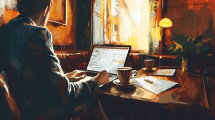 Business person having a coffee break in a stylish with a laptop open and notepad on the table. digital art