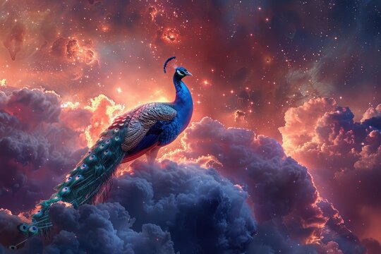 Majestic Peacock: A Surreal Sight Amidst the Celestial Cloudscape, Captured with Impeccable Clarity and Depth