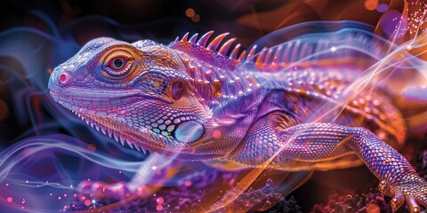 Obraz premium Psychedelic Holographic Lizard in Vibrant Landscape - Captivating Technicolor Harmony and Energy Waves Concept
