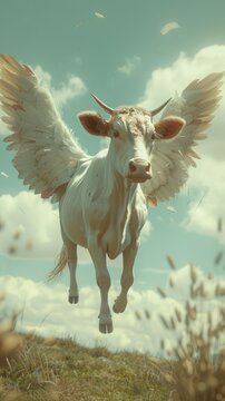 Heavenly Bovine: Majestic Cow With Feathered Wings Soaring Gracefully Over Dreamlike Landscape in Hyper-Realistic Low Noise Image