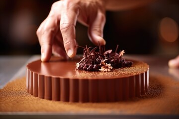 Close-up of a pastry chef's fingers placing delicate chocolate decorations on a cake.