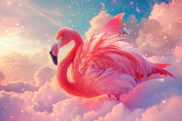 Flamboyant Flamingos: Yogi Birds Soaring in a Dreamy Cotton Candy Sky - Surreal Fantasy Image