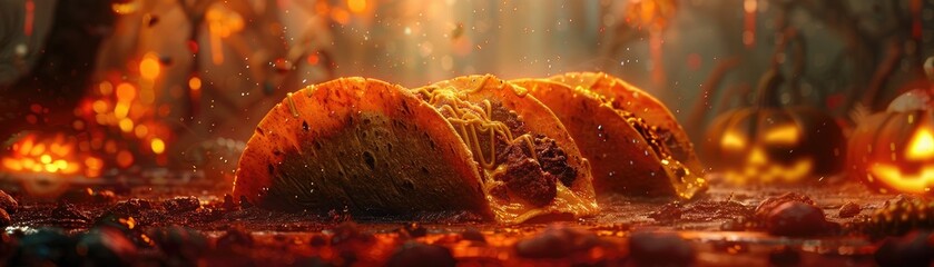 Enigmatic Taco Artifact Unleashing Halloween chaos in hyper-realistic detail. - obrazy, fototapety, plakaty