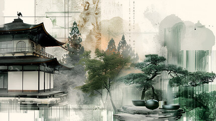 A Collage with a BW Photo of a Tea Ceremony Enhanc